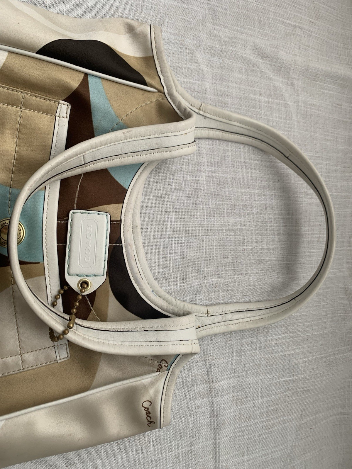 Coach Ergo 10783 Optic Scarf Print Satin Leather Tote Shoulder Bag Multicolor