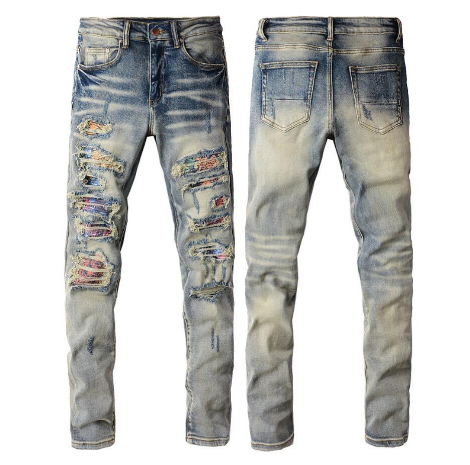 Men’s Retro Blue Denim Jeans Stretch Ripped Casual Punk Hip Hop Ripped Pants New