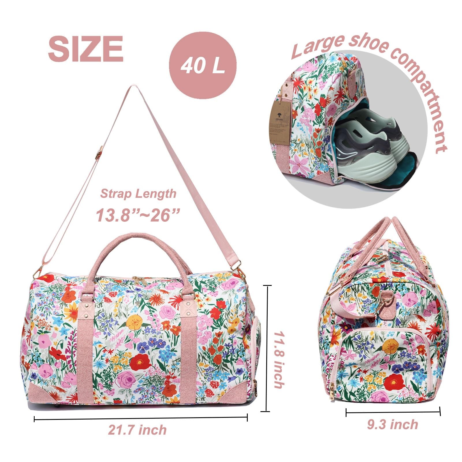 Travel Duffle Bag, Weekender Bag 21.7 x 9.3 x 11.8 inches, Canvas Pink flower