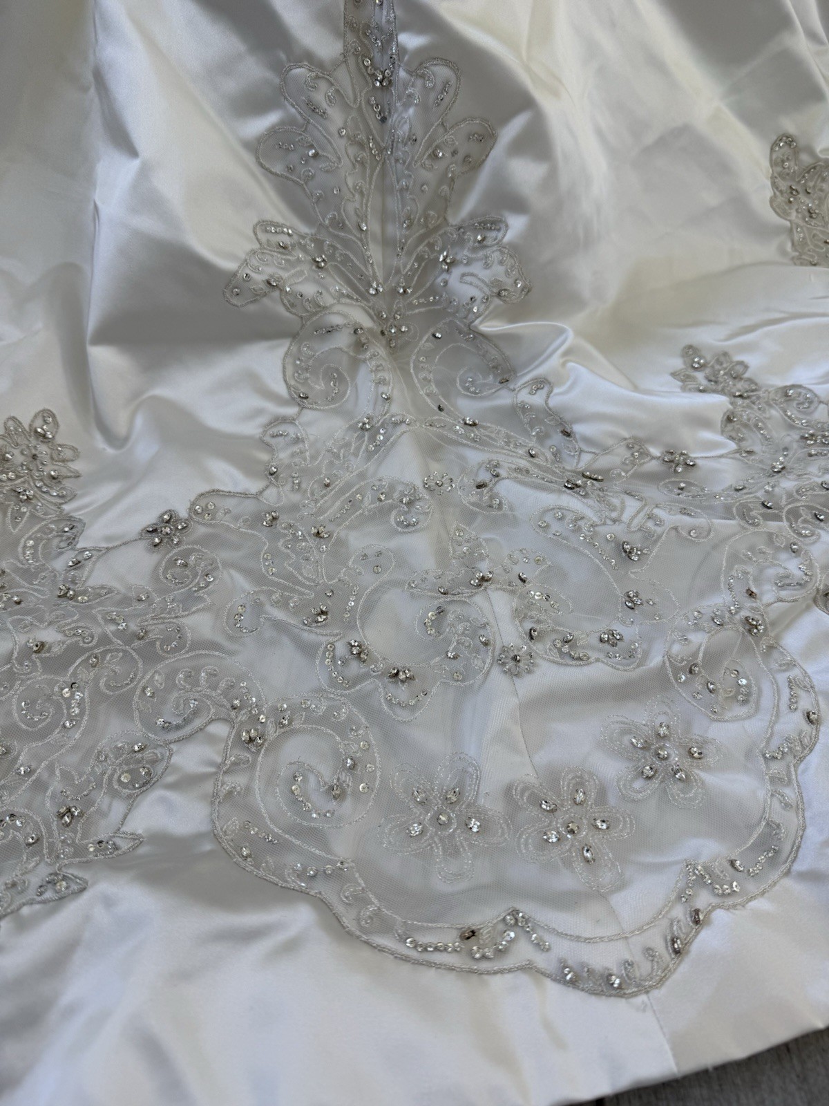 Kenneth Pool Strapless Beaded Satin Ball Gown Wedding Dress Corset Back Train