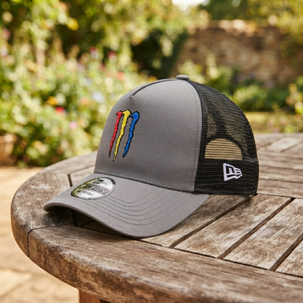 Adjustable Gray Mesh Trucker Cap Featuring Embroidered Monster Logo
