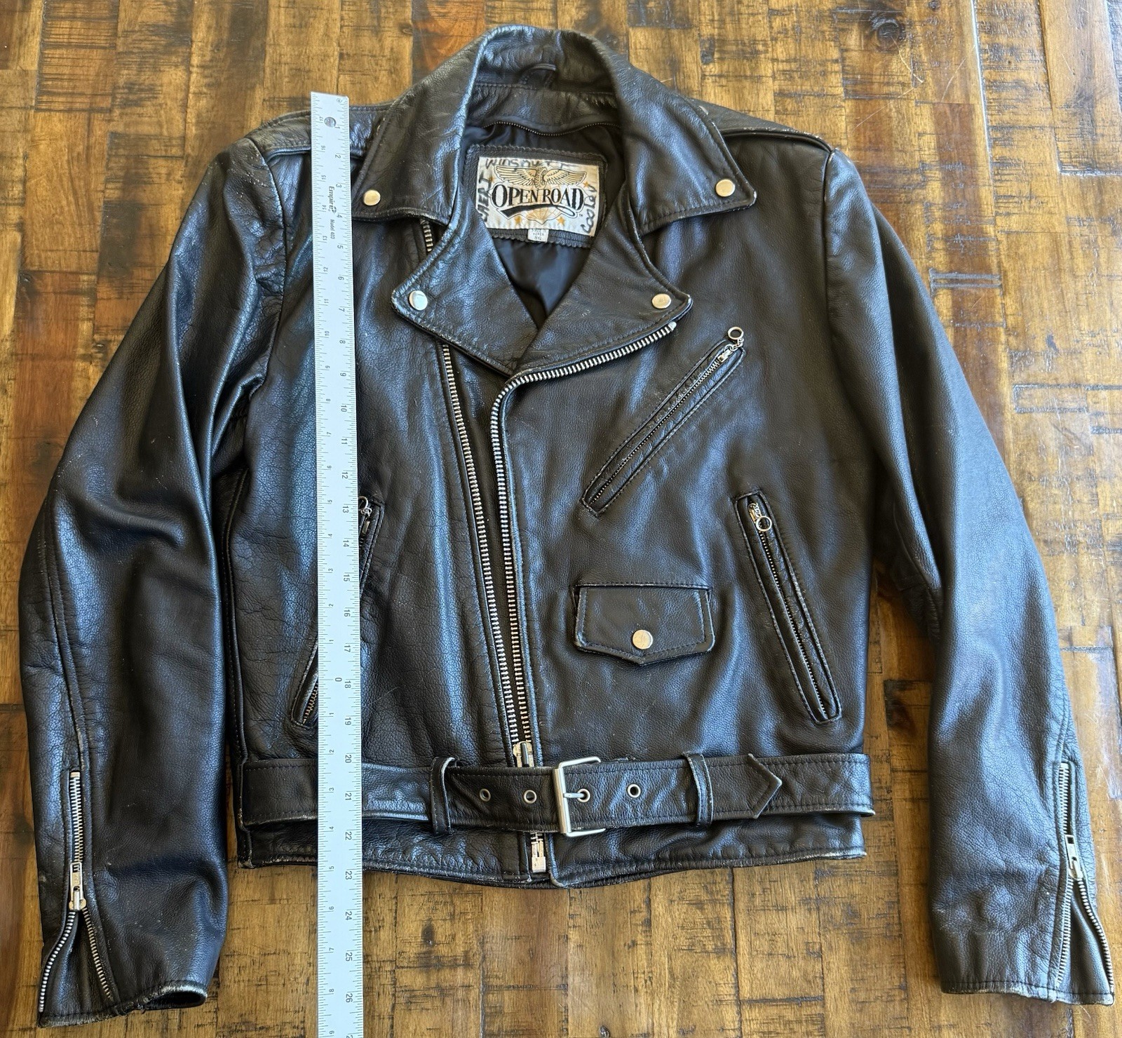 Vintage Open Road Men’s Small Black Genuine Leather Motorcycle Biker Moto Jacket