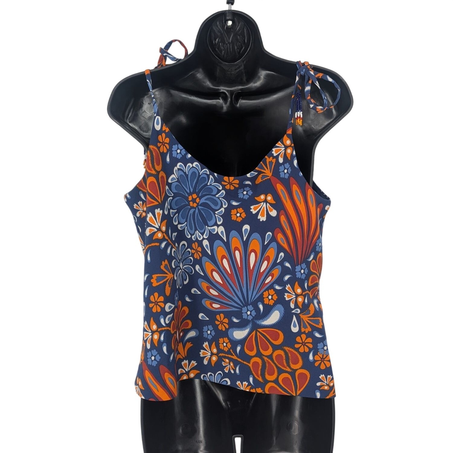 Boho Floral Tank Top Beaded Tie Straps Festival Hippie Resort Folk Artsy Medium