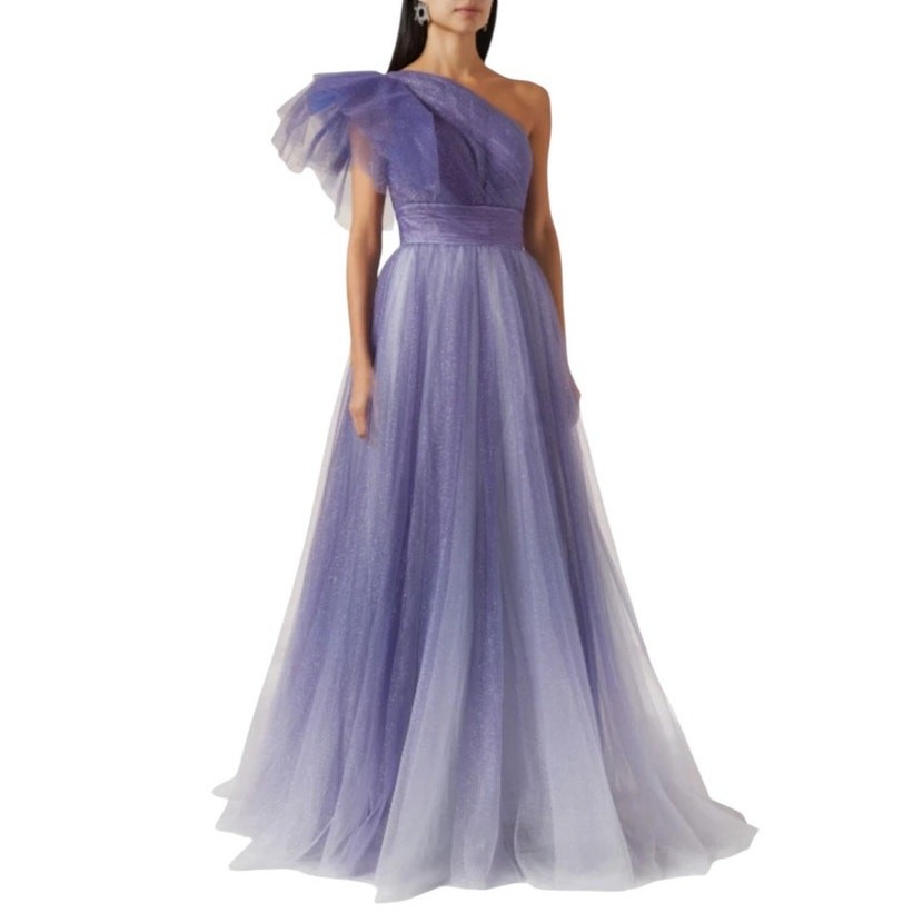 Mac Duggal Size 12 Glitter Purple Ombre Ruffled One Shoulder Prom Ballgown NEW