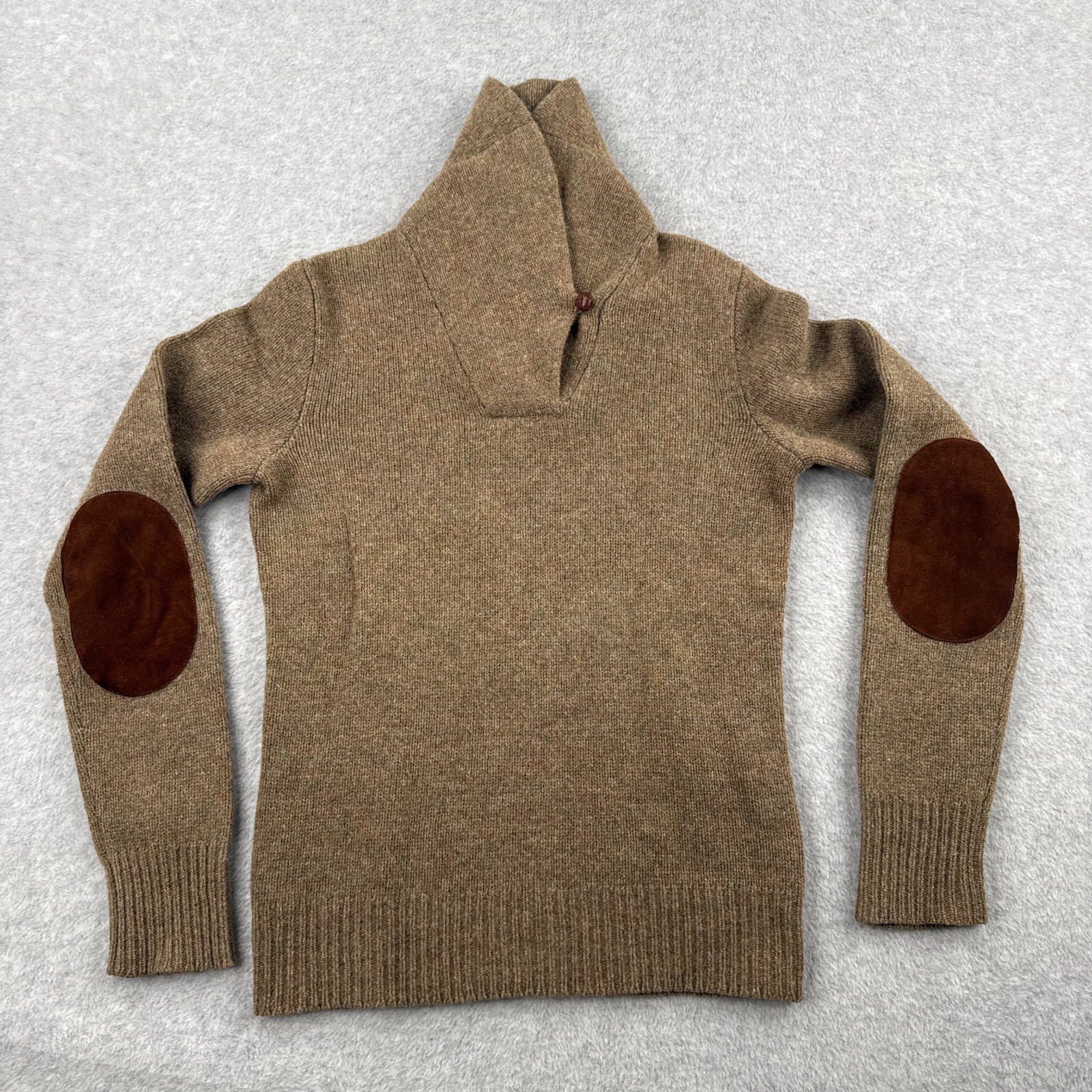 Ralph Lauren Rugby Sweater Mens Small Brown Elbow Patches 100% Wool Shawl Collar