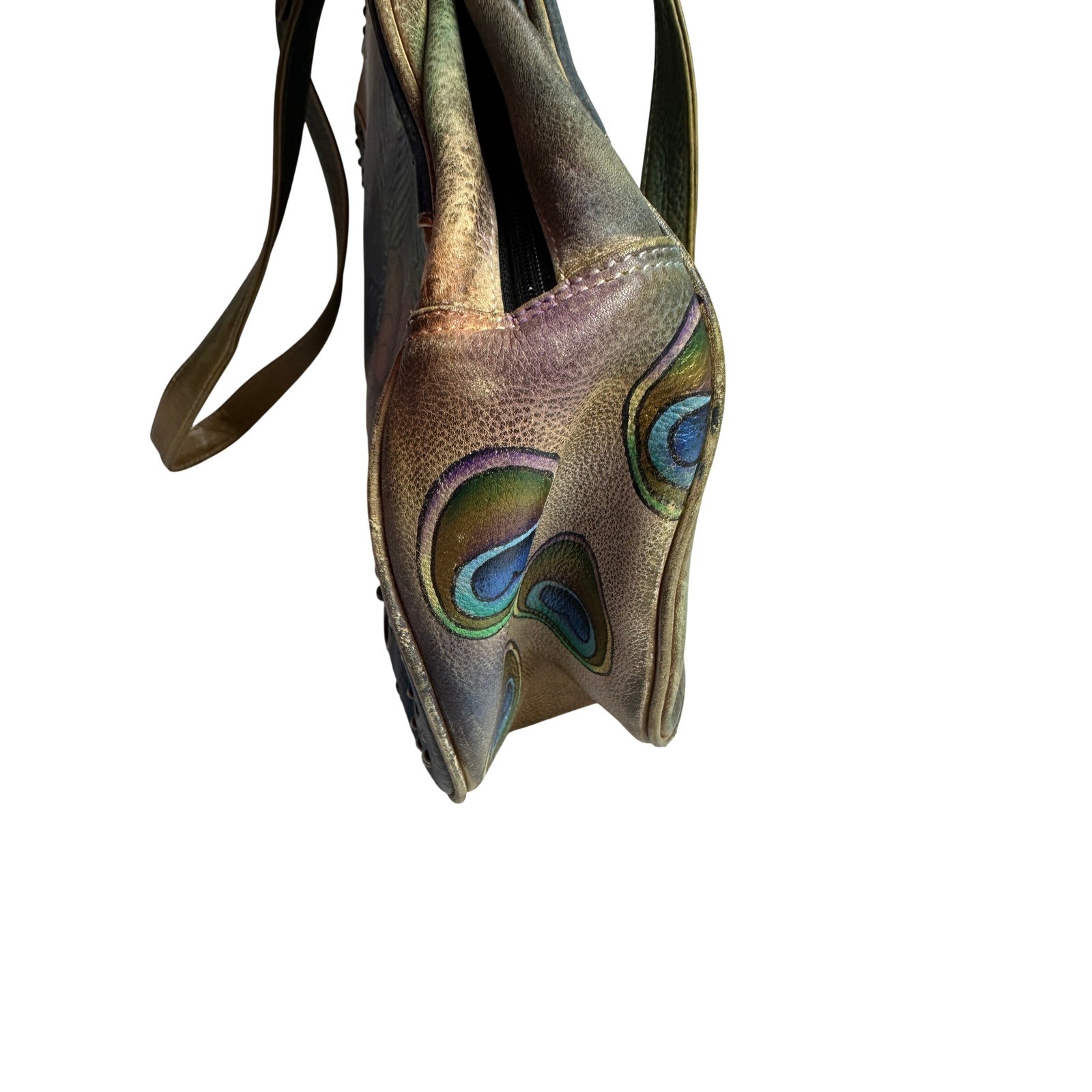 Anuschka Hand Painted Leather Peacock Riveted Floral Shoulder Hand Bag KC