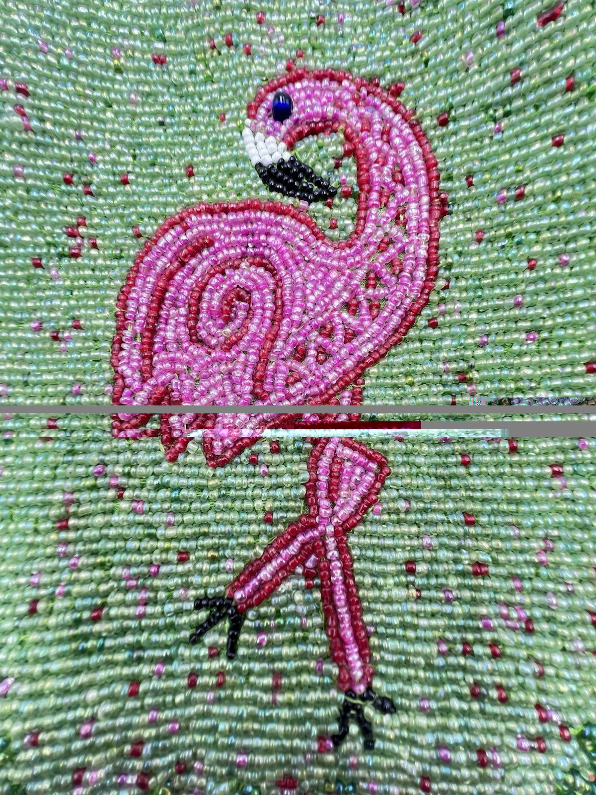 Bamboo Trading Flamingo Beaded Cross Body Handbag Purse Corded Strap Pink Green