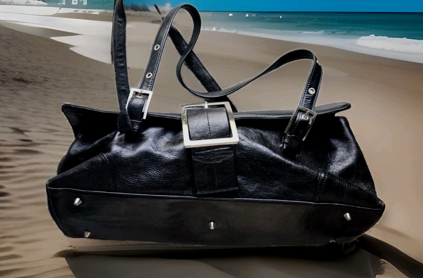 Kenneth Cole Leather Purse Shoulder Bag Black Silver Buckle Magnetic See Photos