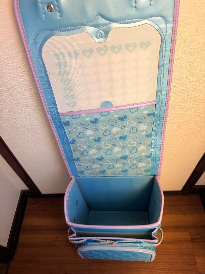 Randoseru Backpack Blue Synthetic Leather School Bag with Heart Design, Used