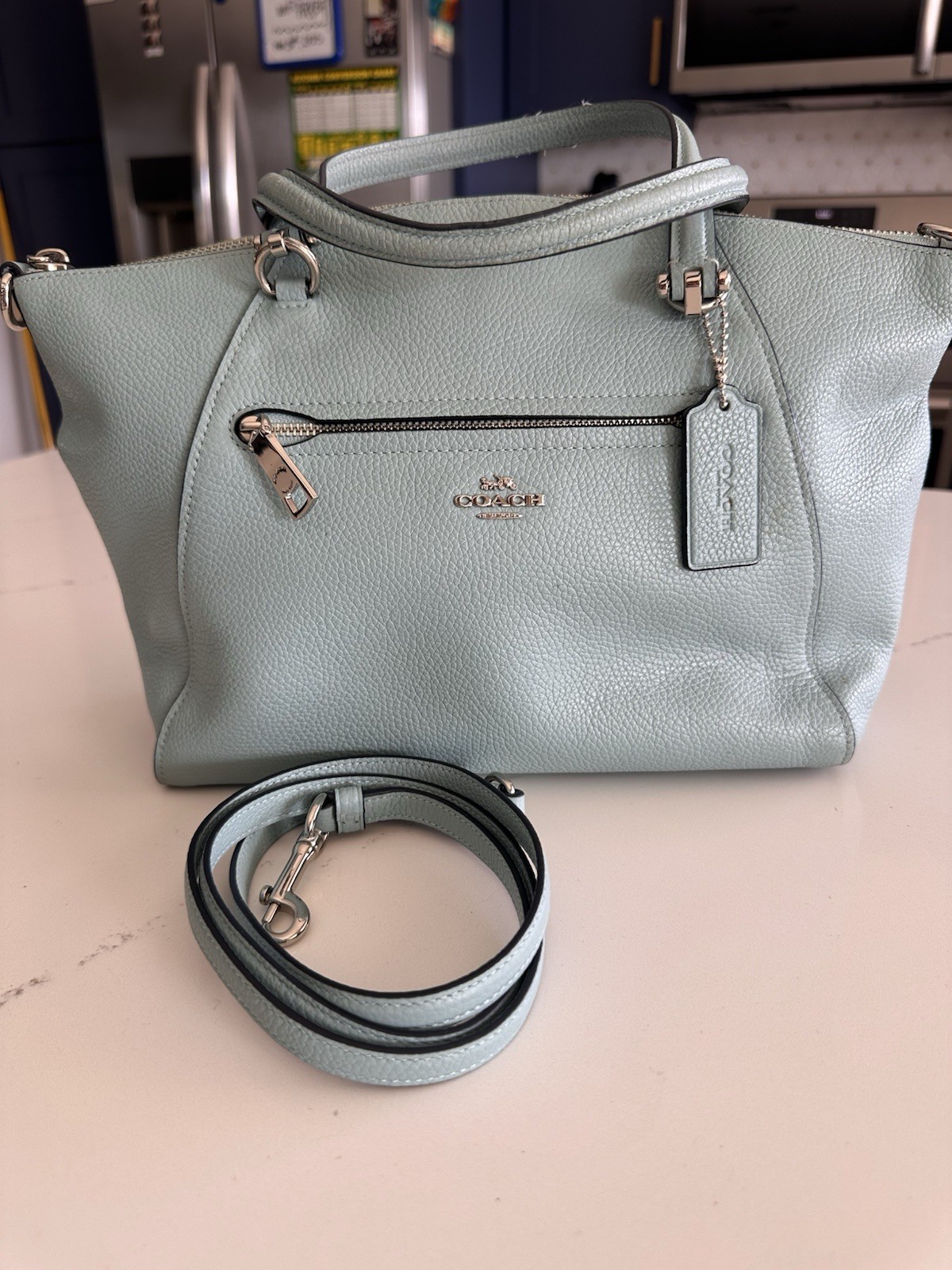 Coach Light Blue Pebbled Satchel Top Handle Bag, Zip Closure, Detachable Strap