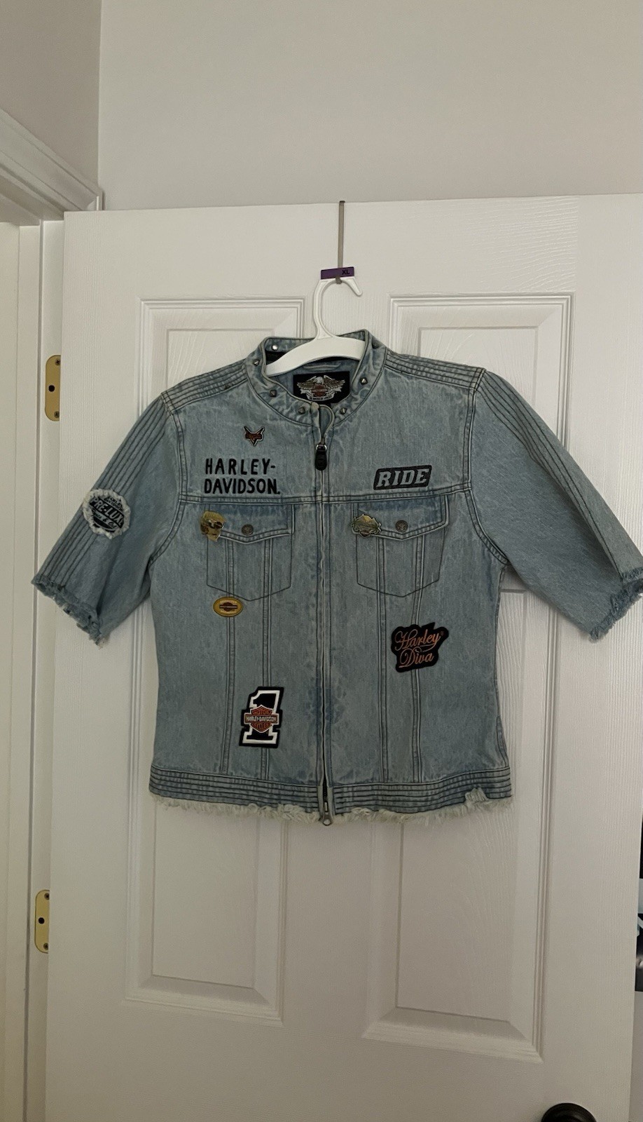 Harley-Davidson Rider Biker ShortSleeve Denim Jean Jacket Logo Patches Sz M Y2K