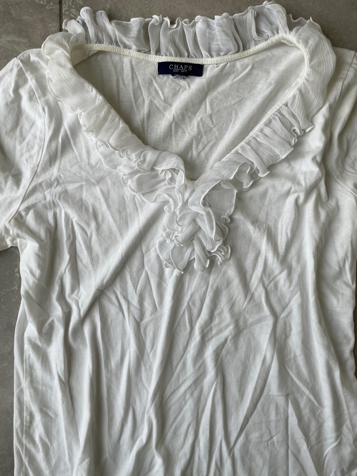 CHAPS Women Ruffle V Neck Long Sleeve Top White Cotton Knit Blouse Romantic Y2K