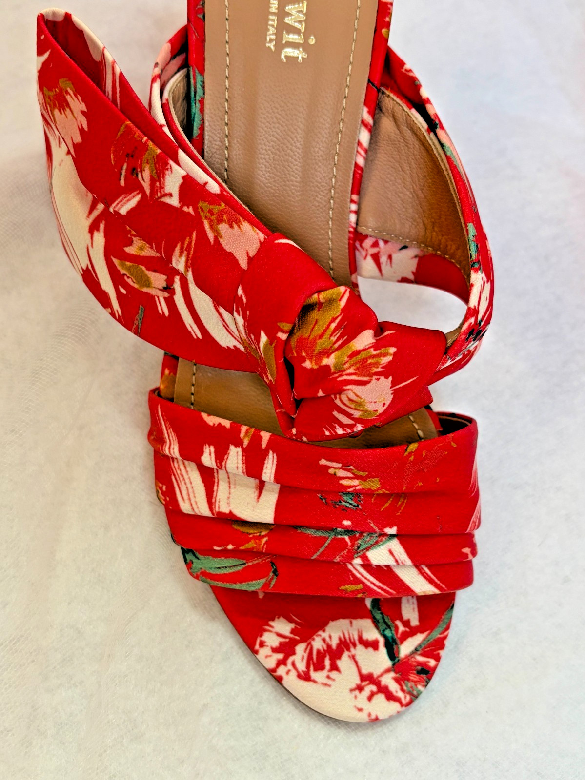 Lewit Rosa Floral Print Bow Mule Pumps Block Heel Red Satin -Size 6 (35 1/2)