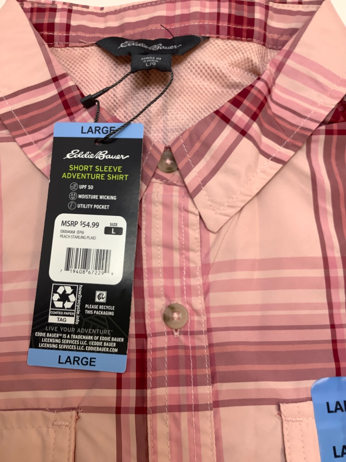Eddie Bauer Ladies Short Sleeve Adventure Top, Large, Peach Starling Plaid