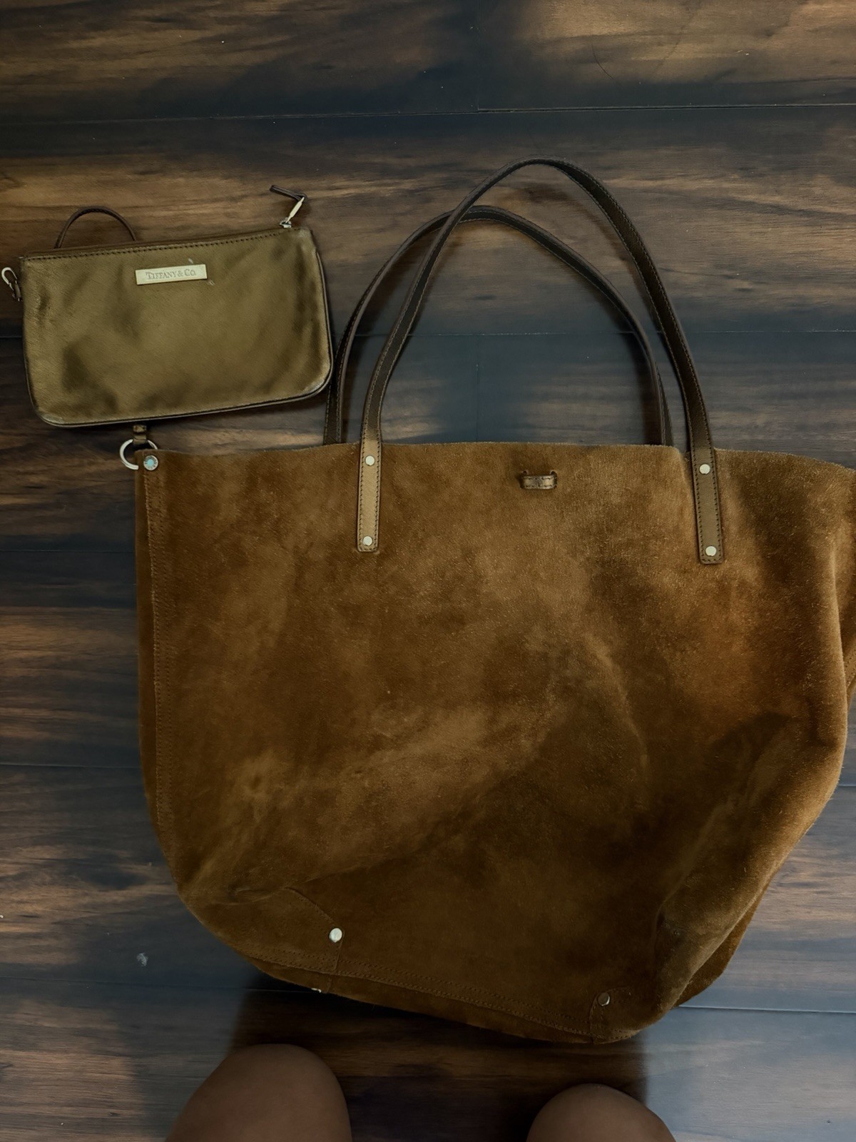 Tiffany & Co. Reversible Suede Leather Handbag Tote Bag Champagne Bronze Pouch