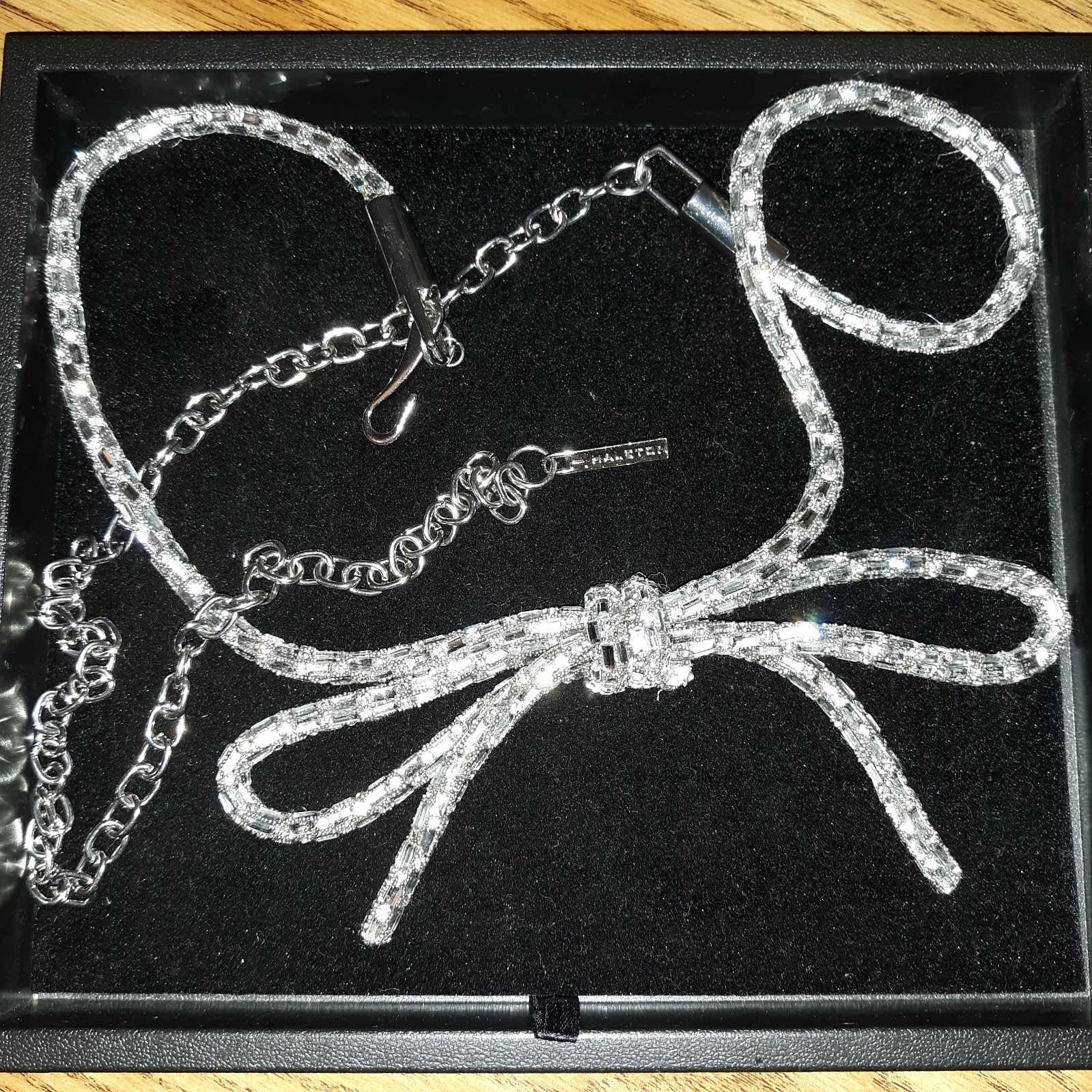 Vtg H By Halston Crystal Belt Sz L W/Bow Adj Clip Chain Clear Stones Slvr Fabric