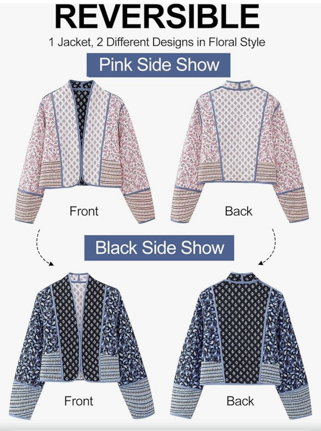 ​Womens Reversible Quilted Jacket Medium Cropped Patchwork Paisley Floral Boho