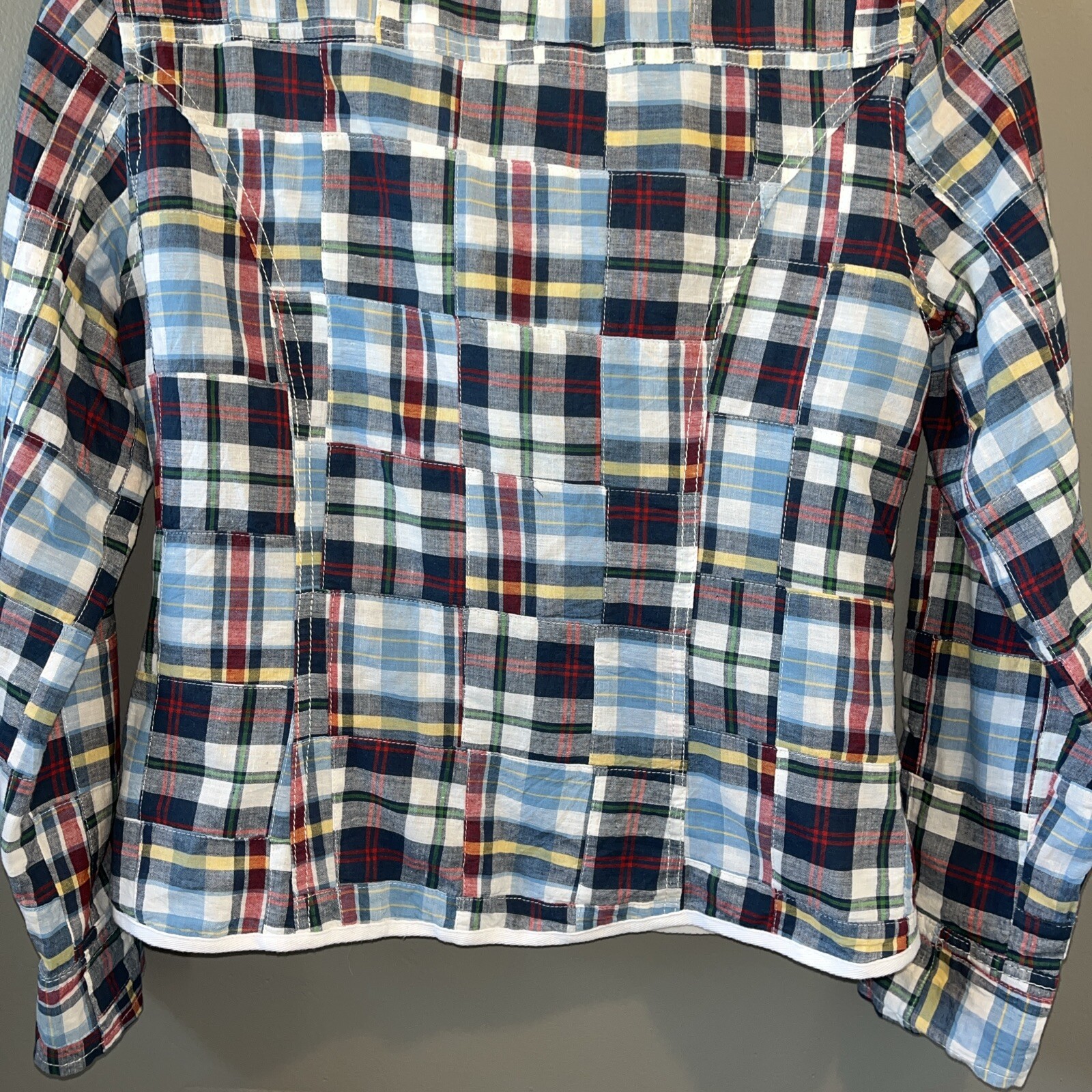 Bill Blass Jeans Quilted Patchwork Blazer Womens M Blue Plaid Cotton Jacket