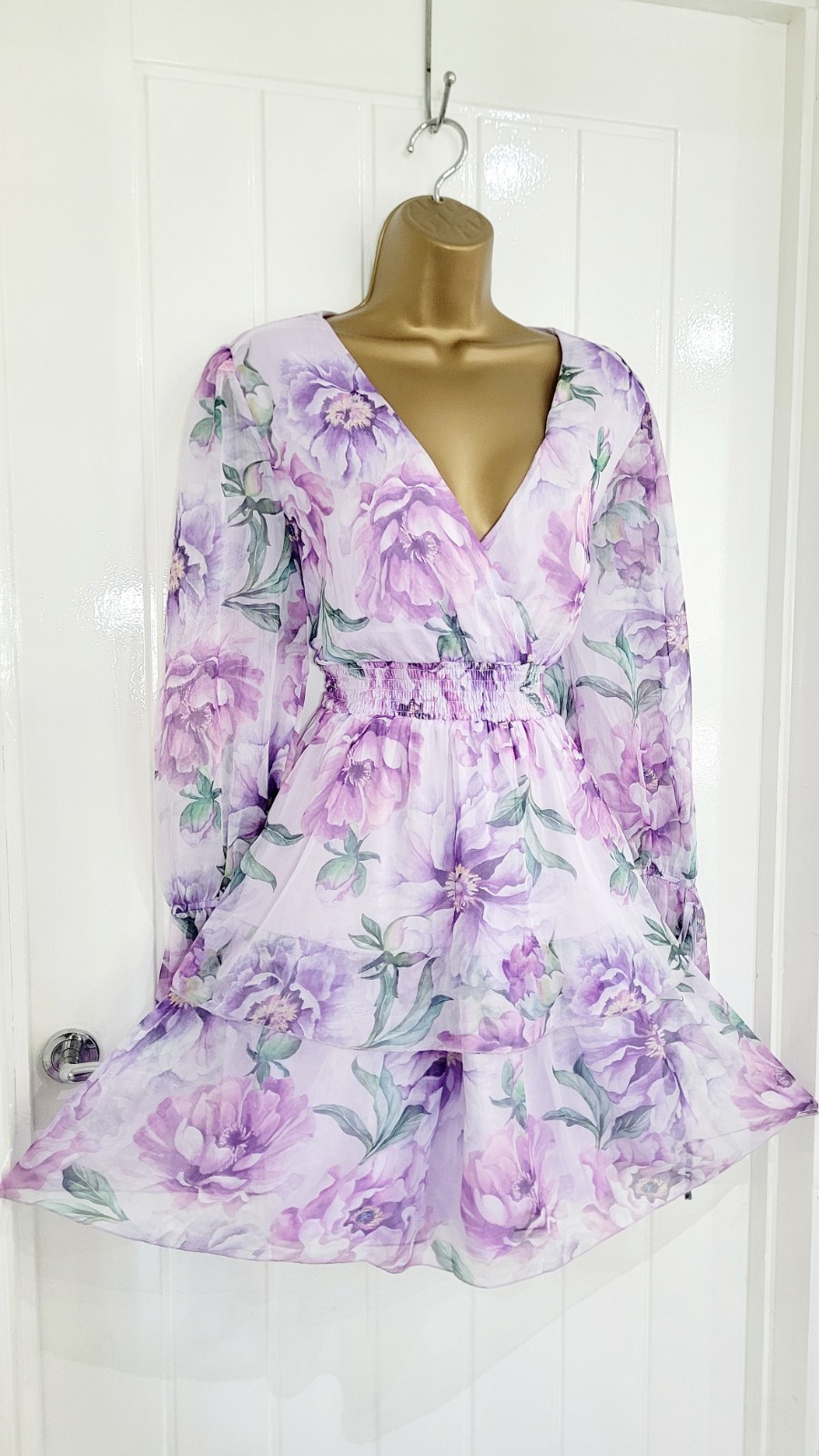 Quiz size 16 lilac chiffon tiered long sleeve floral summer holiday dress flare