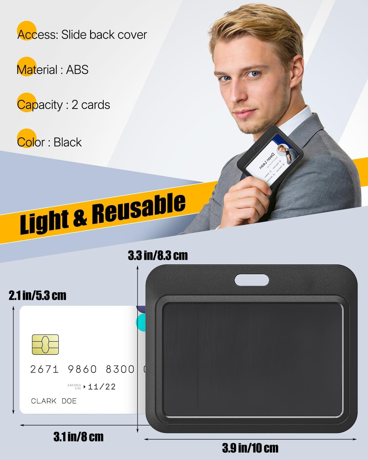 Uniclife 3 Pack Sliding ID Badge Holder Black Horizontal Hard Plastic Case with