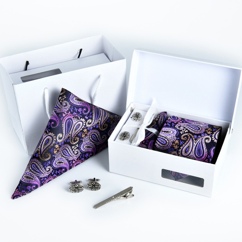 8CM 4 set of Tie, pocket square, collar clip, cufflinks stylish with gift box