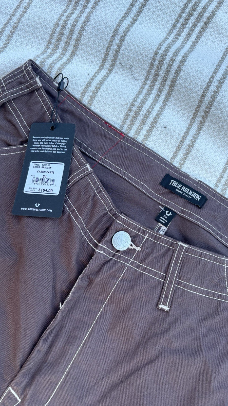 True Religion Men’s Bracken Brown Wide Cargo Pants, Size 34