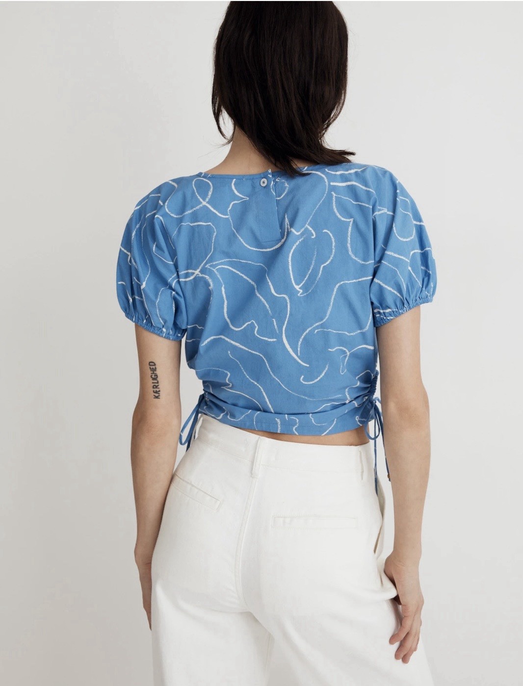 NWT Madewell XS Embroidered Poplin Puff-Sleeve Cutout Crop Top Blue Floral