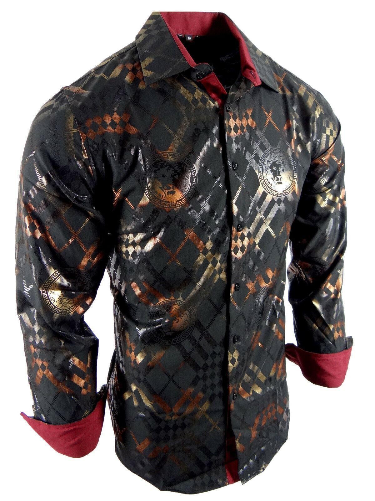 Mens Shirt Luxury Stripe Animal Print Shiny Gold Bronze Foil Button Up Stretch