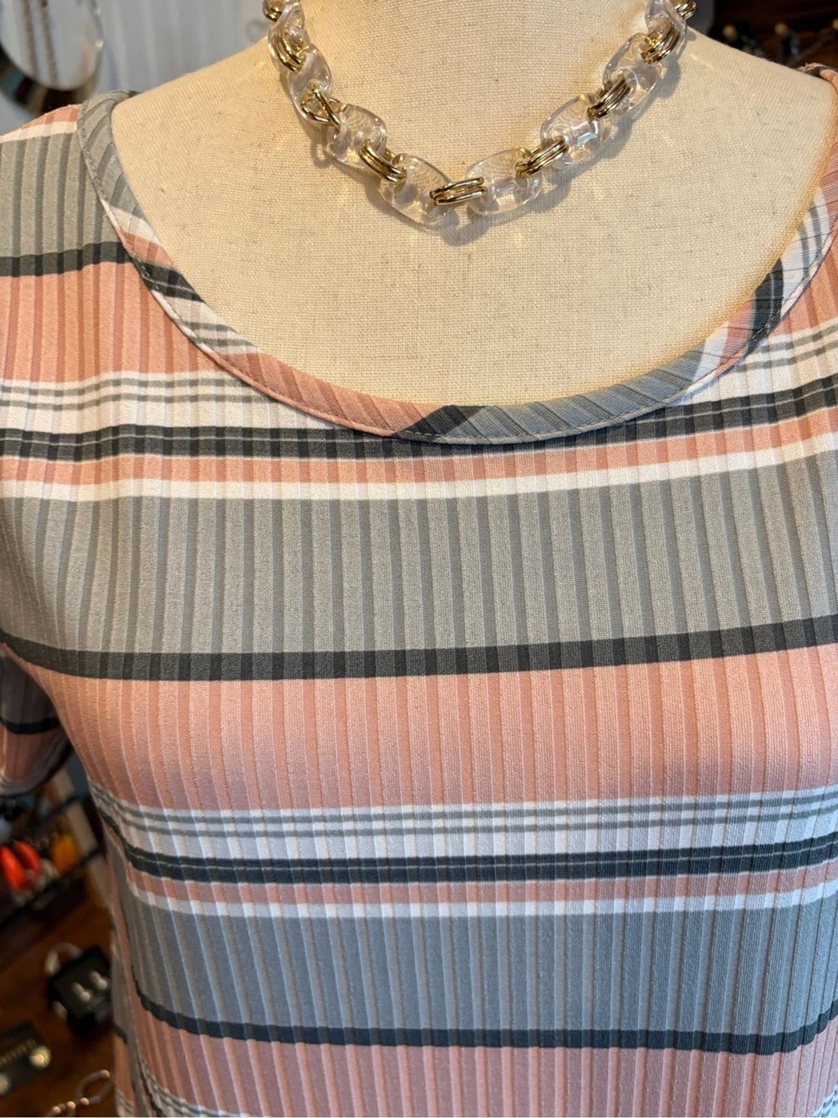 Pink & Gray Striped Ruffle-Hem Top Made in USA 🇺🇸
