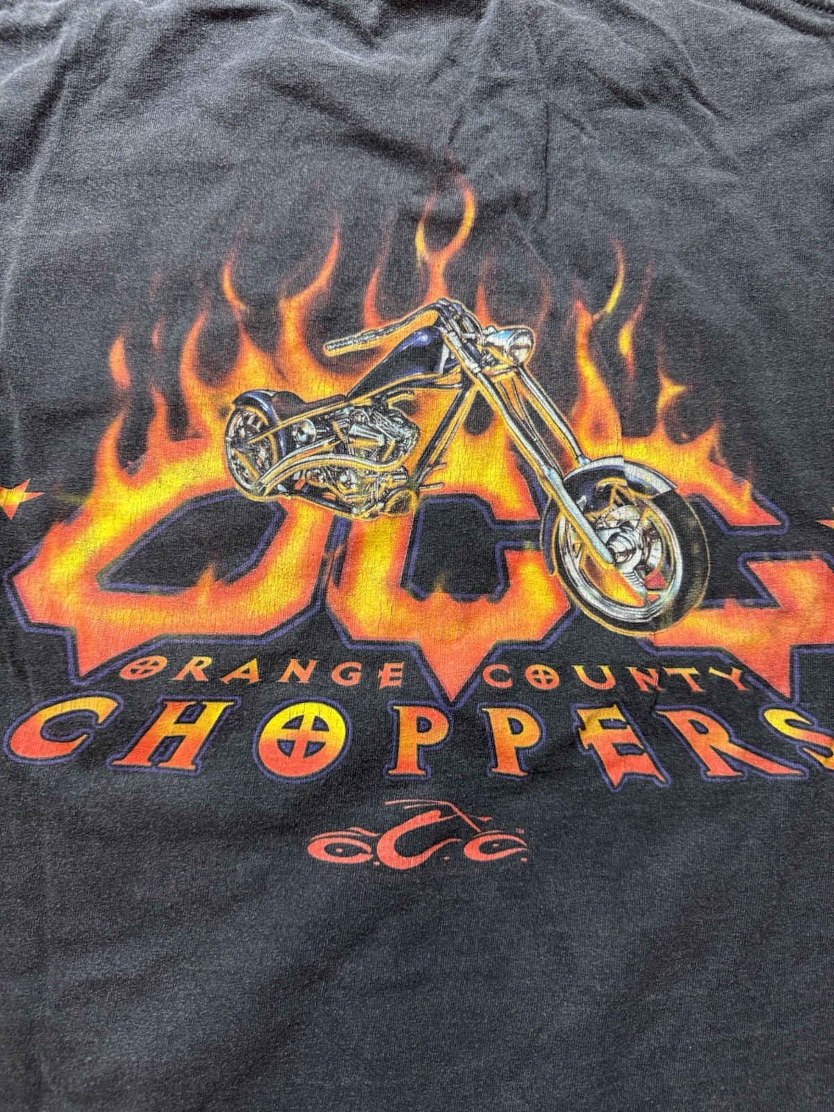 Vintage Orange County Choppers Mens Large Black Short Sleeve Shirt Flames Fire