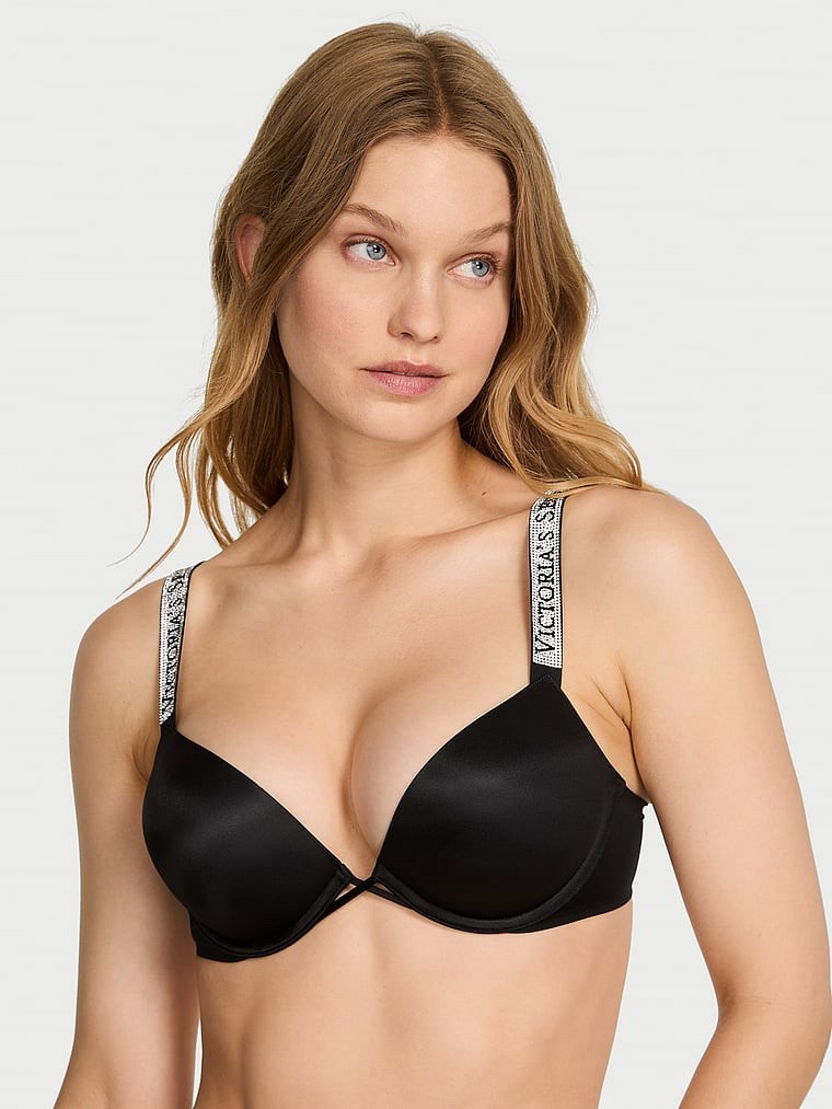 Victoria’s Secret Bombshell Logo Shine Strap Add-2-Cups Push-Up Bra, Black (NEW)