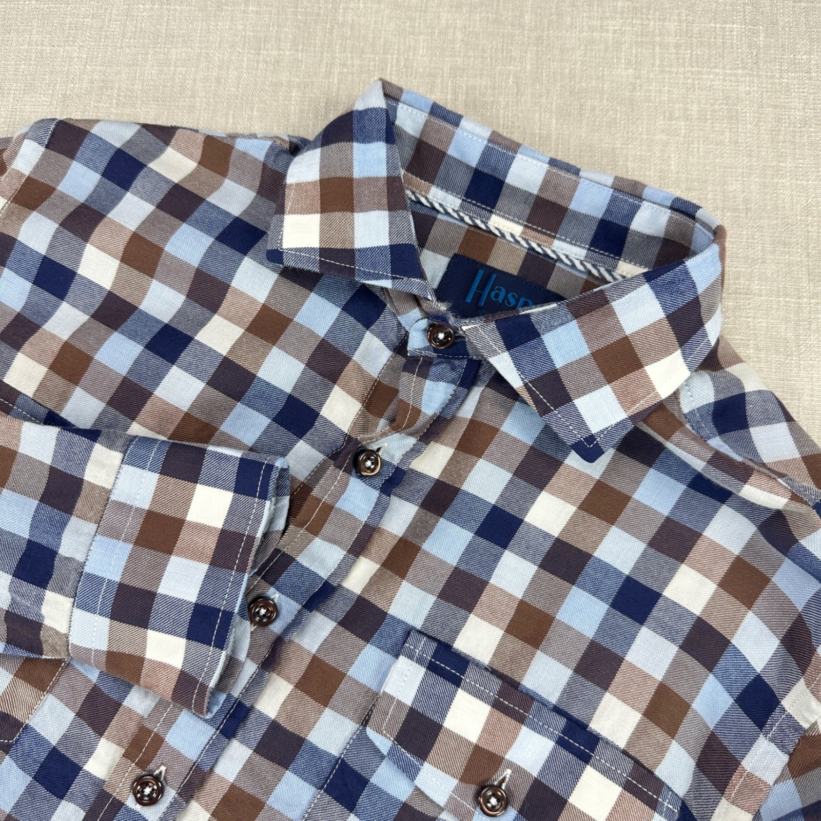 Haspel New Orleans Button Down Shirt Mens Small Blue Brown Gingham Plaid Cotton