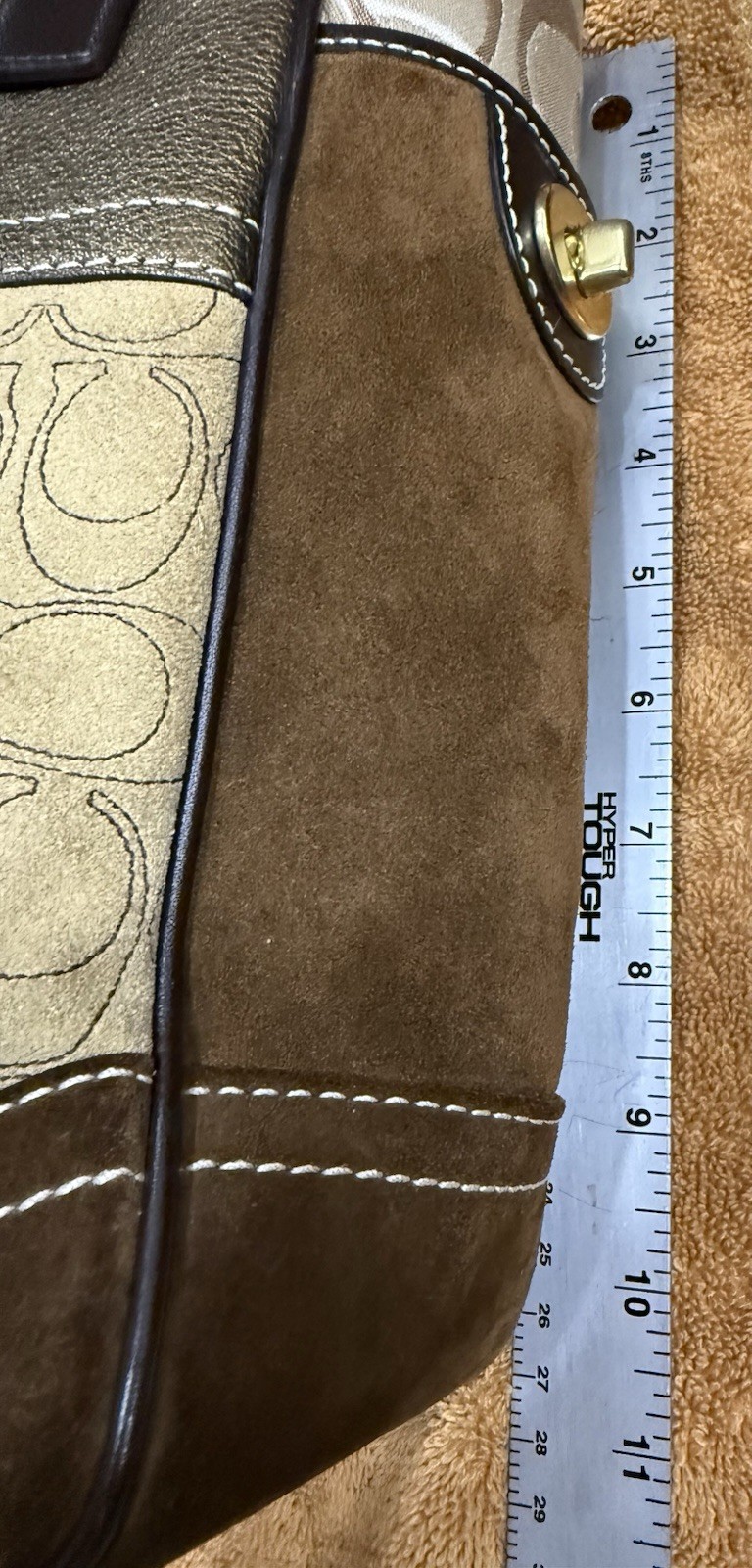 Coach Logo Patchwork Tote Zip Top Metallic Finish Gold Hardware Double Handles