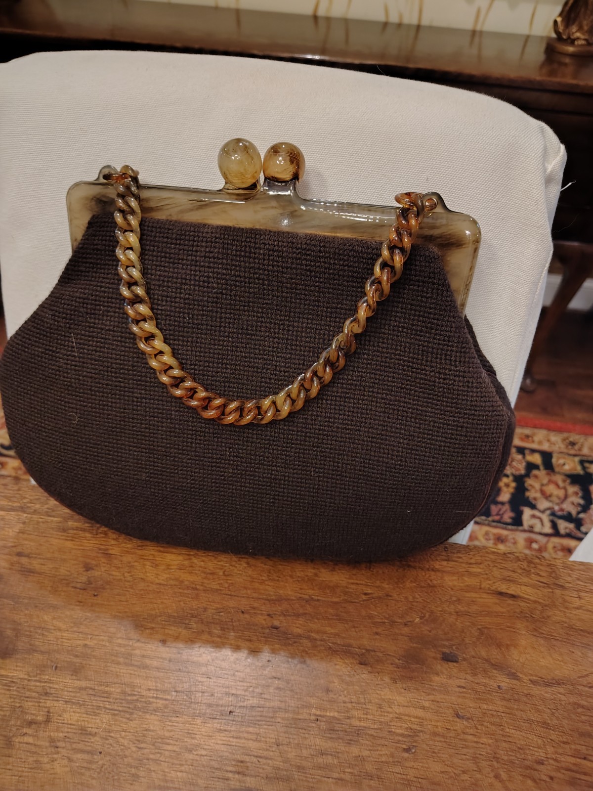 Pautini Italy Woven Fabric Clutch w/ Marbled Lucite Frame and Double-Ball Clasp
