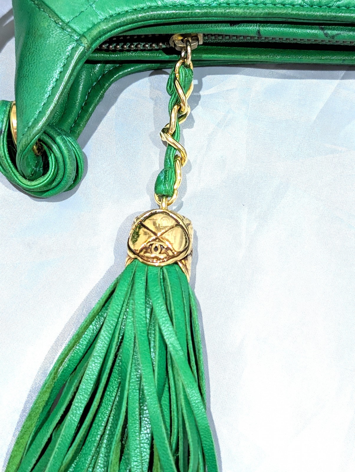 CHANEL CC Logo Fringe Charm Mini Shoulder Bag Lamb Leather Green VTG JPN