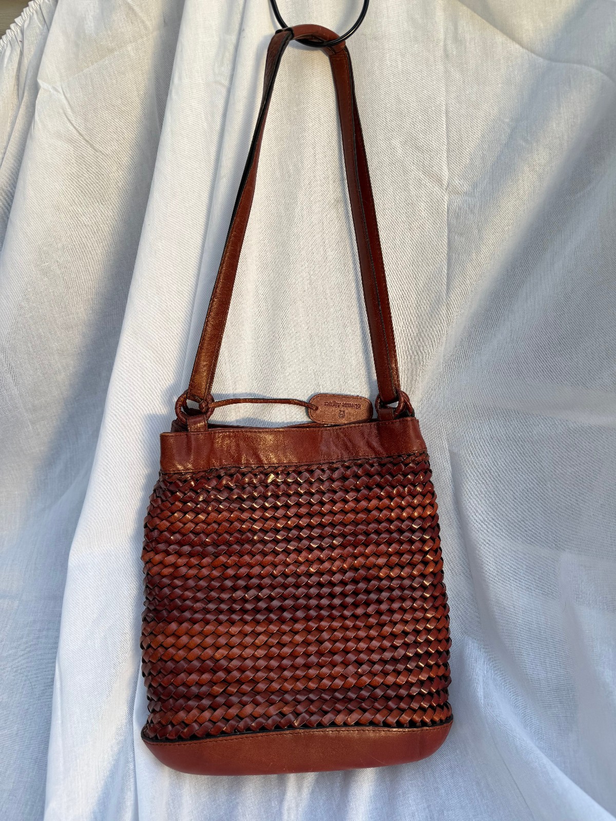 Vintage Etienne Aigner Medium Woven Leather Bucket Shoulder Bag Oxblood Brown
