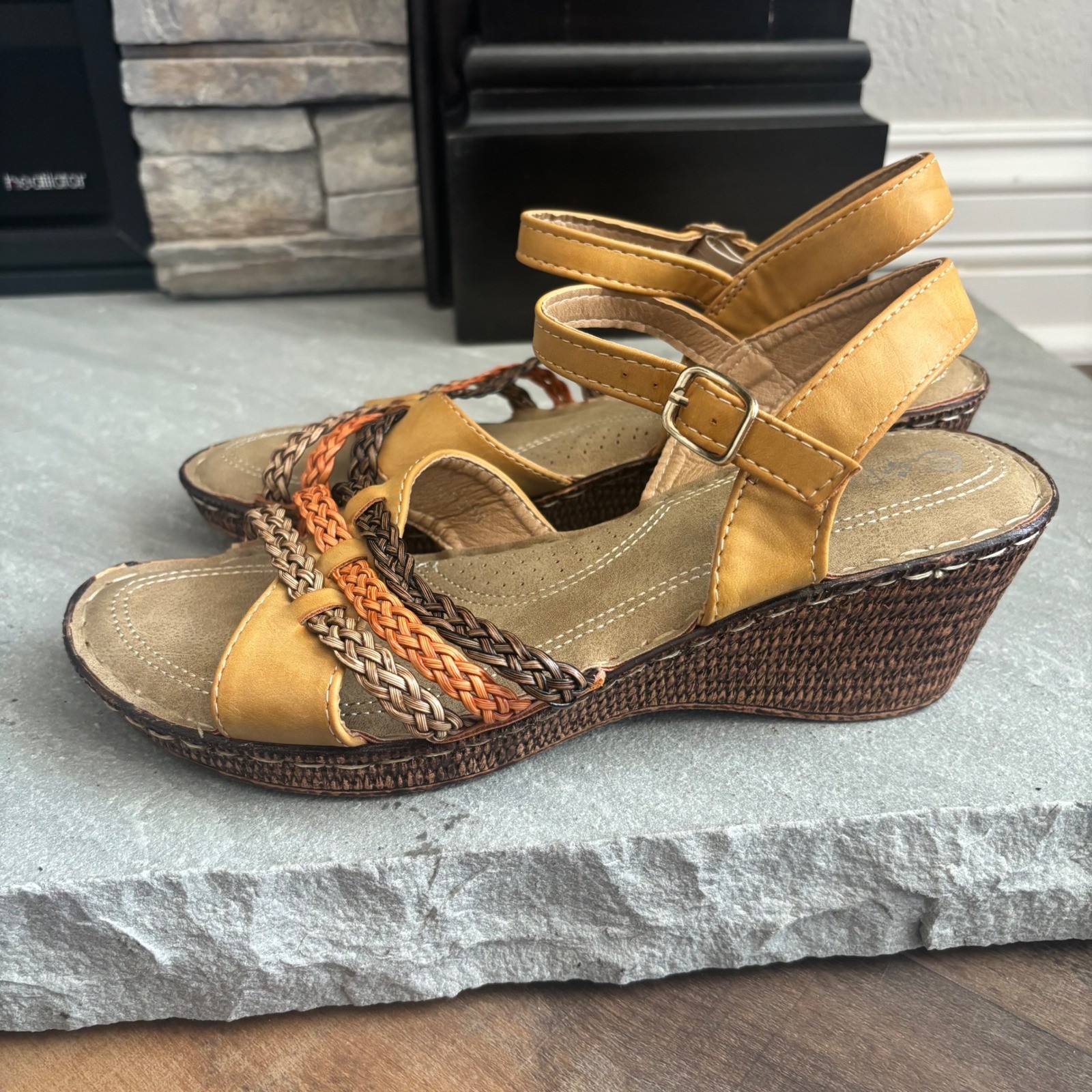 Patrizia Spring Step Wedge Sandals Mustard Yellow Multi Colored Braided Straps