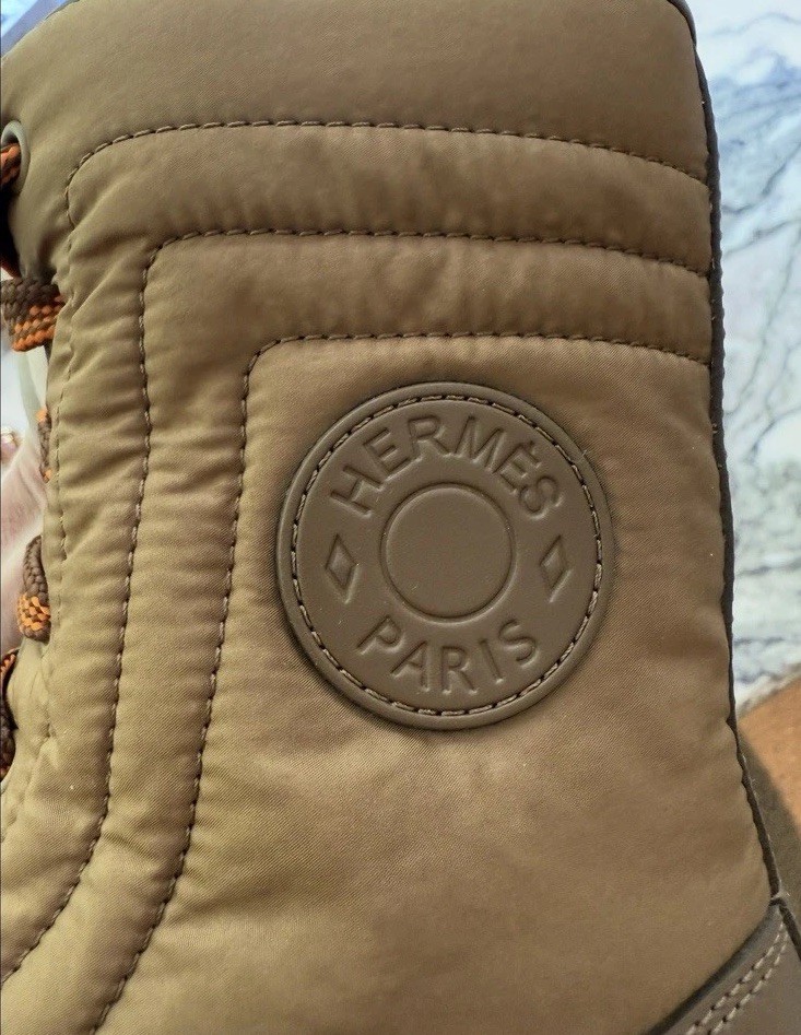Hermes Brown Desert Ankle Boots Lace-Up Round Toe Nylon Upper Rubber Sole 6