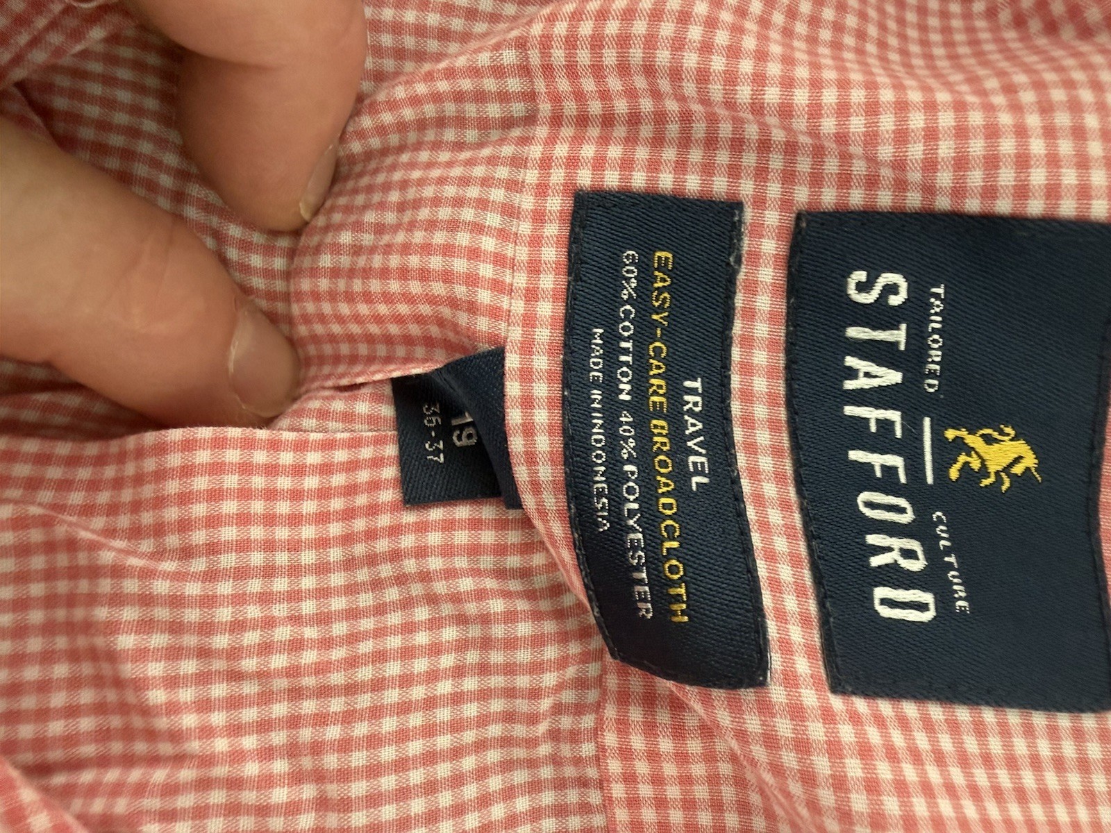 Stafford Tailored Pink/White Gingham Easy Care Broadcloth Dress Shirt 19 35-37