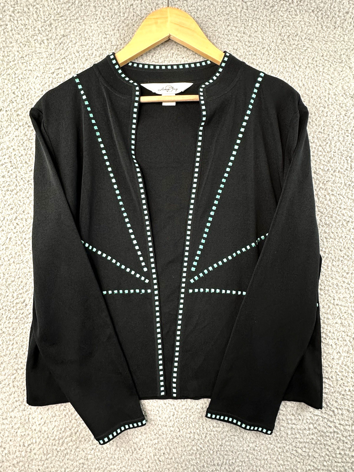 Ming Wang Jacket Womens PM Black Turquoise Open Front Cardigan Blazer Knit
