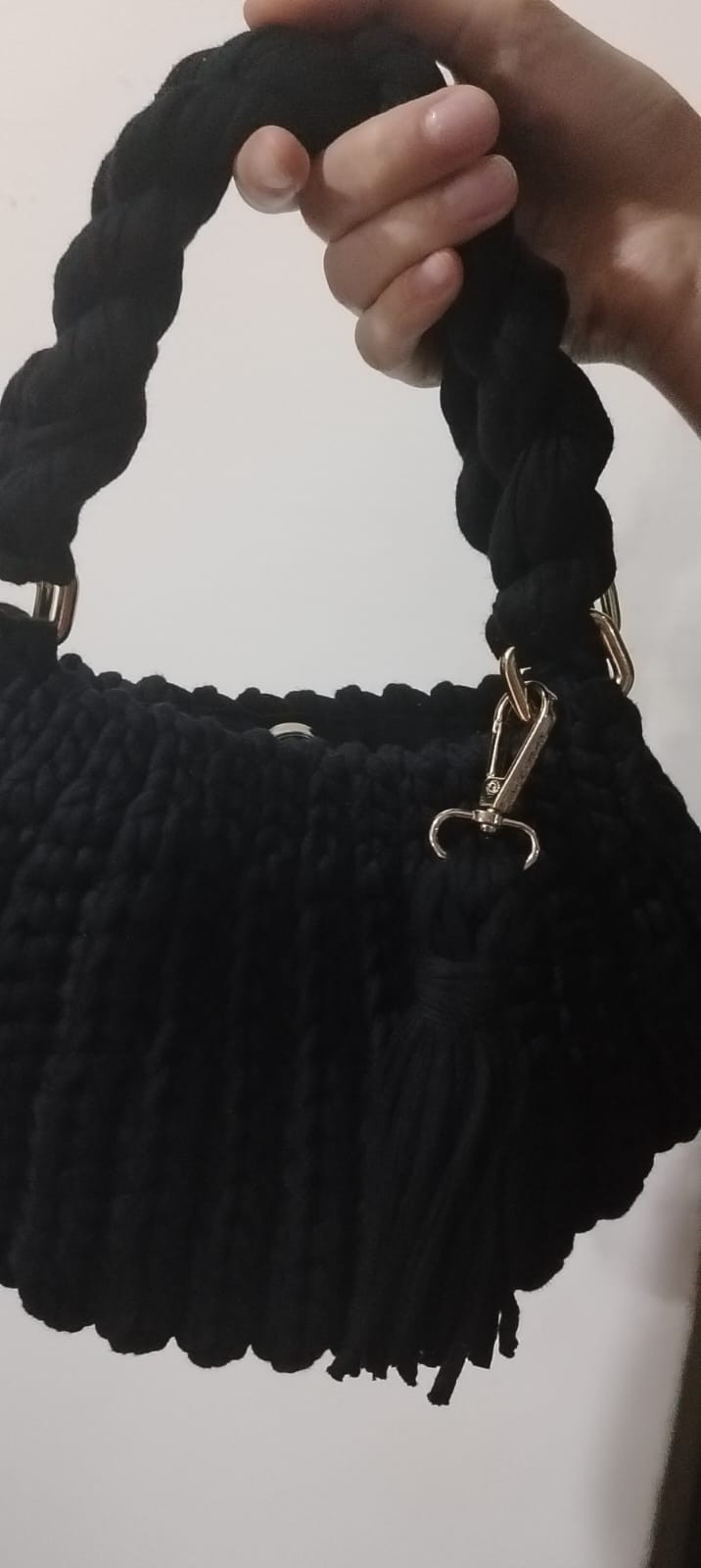 Black Handmade Crochet Purse Boho Tassel Bag Women Top Handle Knit Handbag