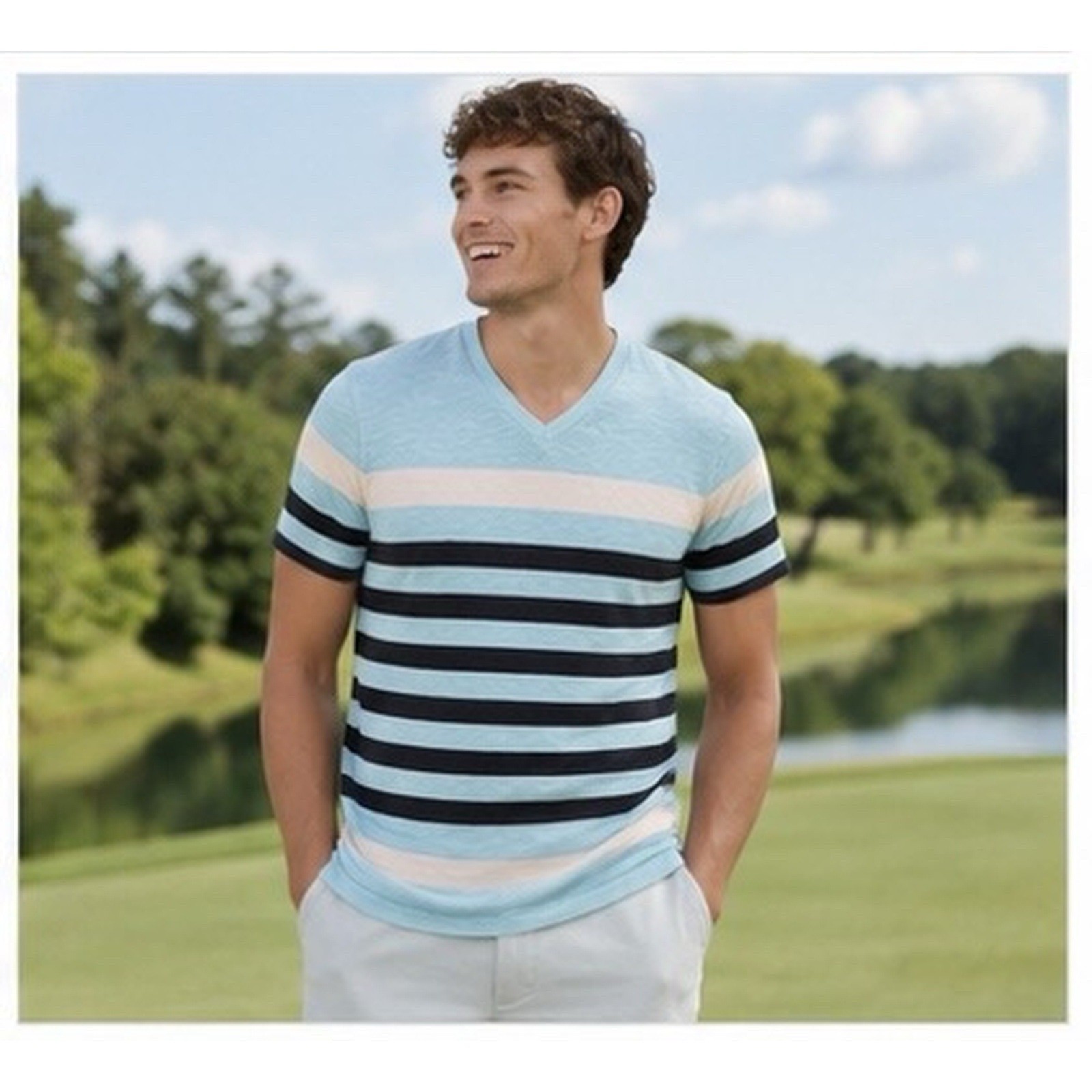 American Eagle Outfitters Mens Athletic Fit Striped V-Neck Tee M Blue/Black