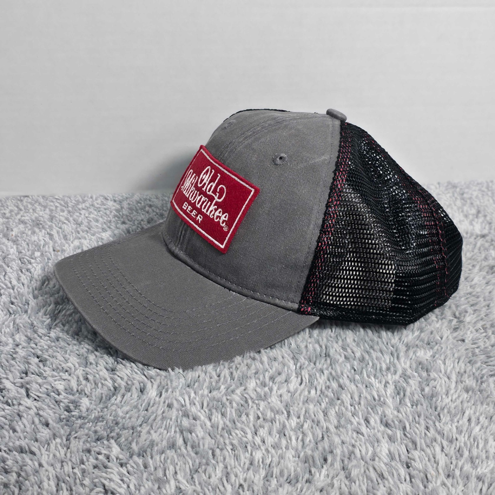 Old Milwaukee Beer Patch Adjustable Meshback Snapback Hat Cap Grey Black Red NWT