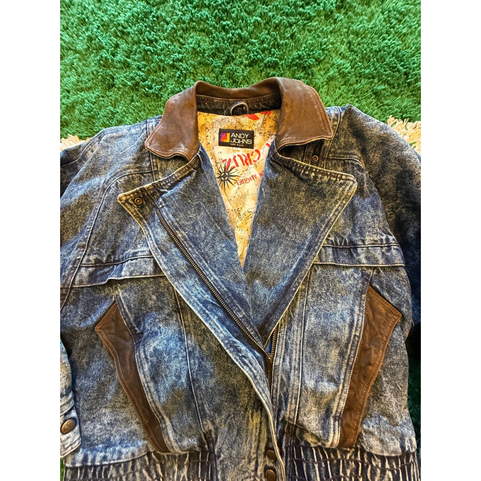 Andy Johns Denim Bomber Jacket Mens M Blue Excellent Acid Wash Leather Trim 80s