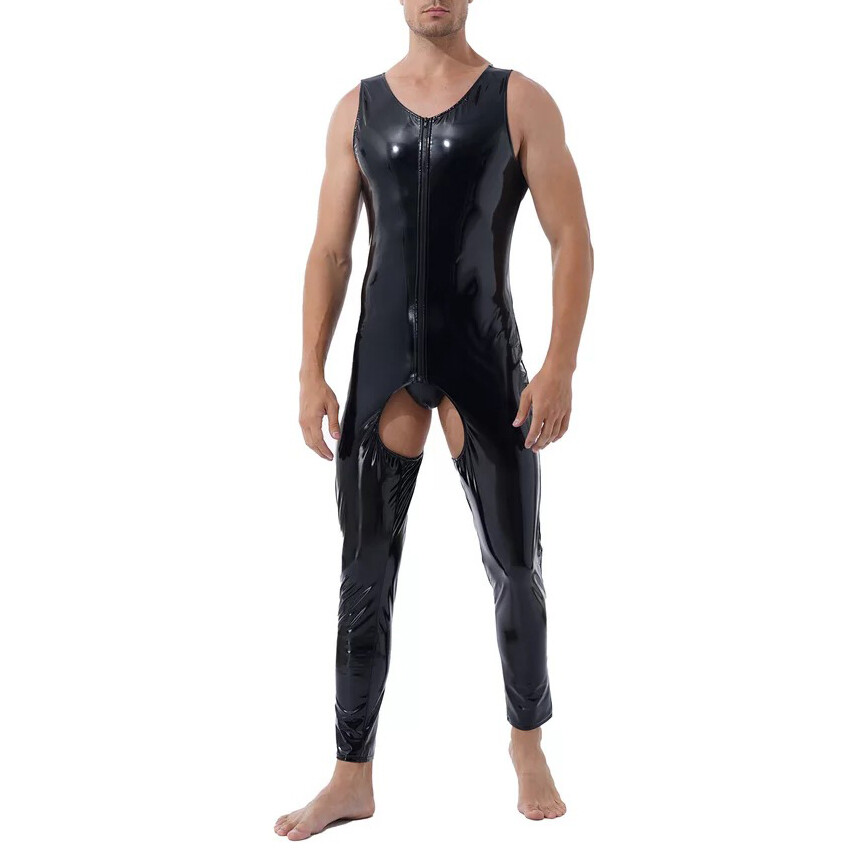 Men’s PVC Leather Wetlook Zipper Bodysuit Open Crotch Jumpsuit Latex Catsuit 7XL