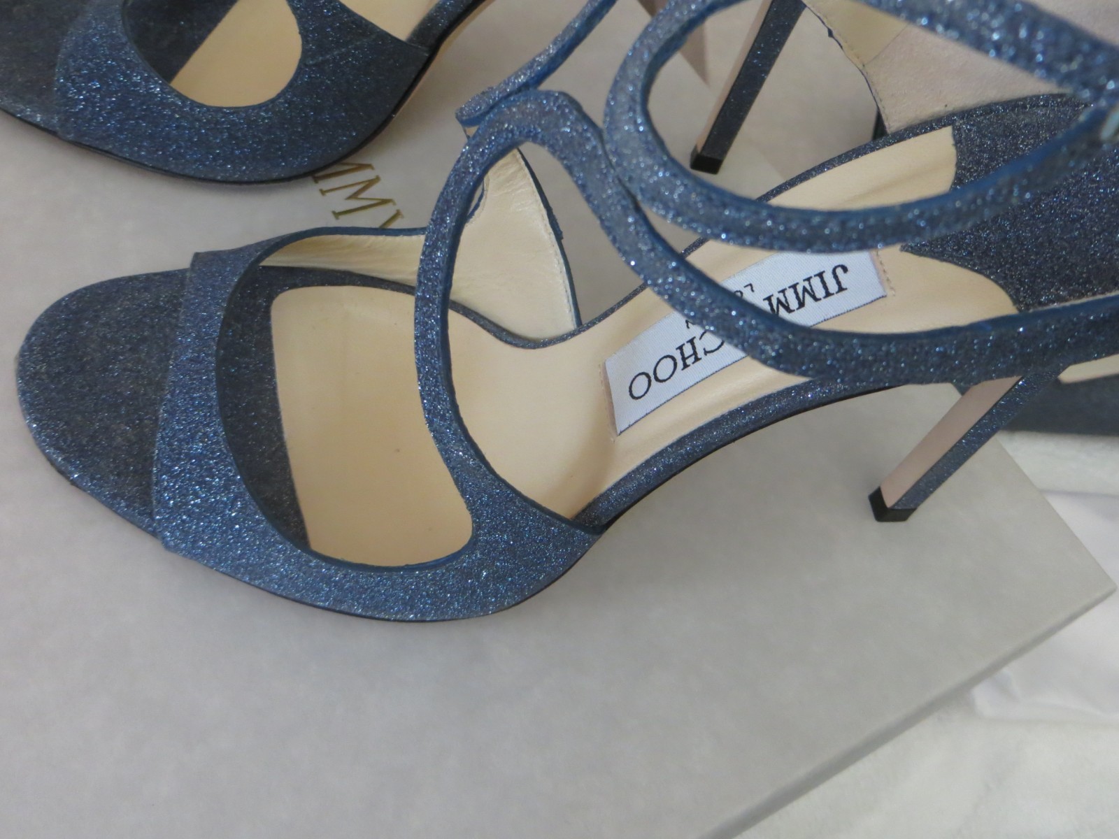 Pre-Owned Jimmy Choo Blue Fine Glitter Strappy Lang Sandal Heels 39M