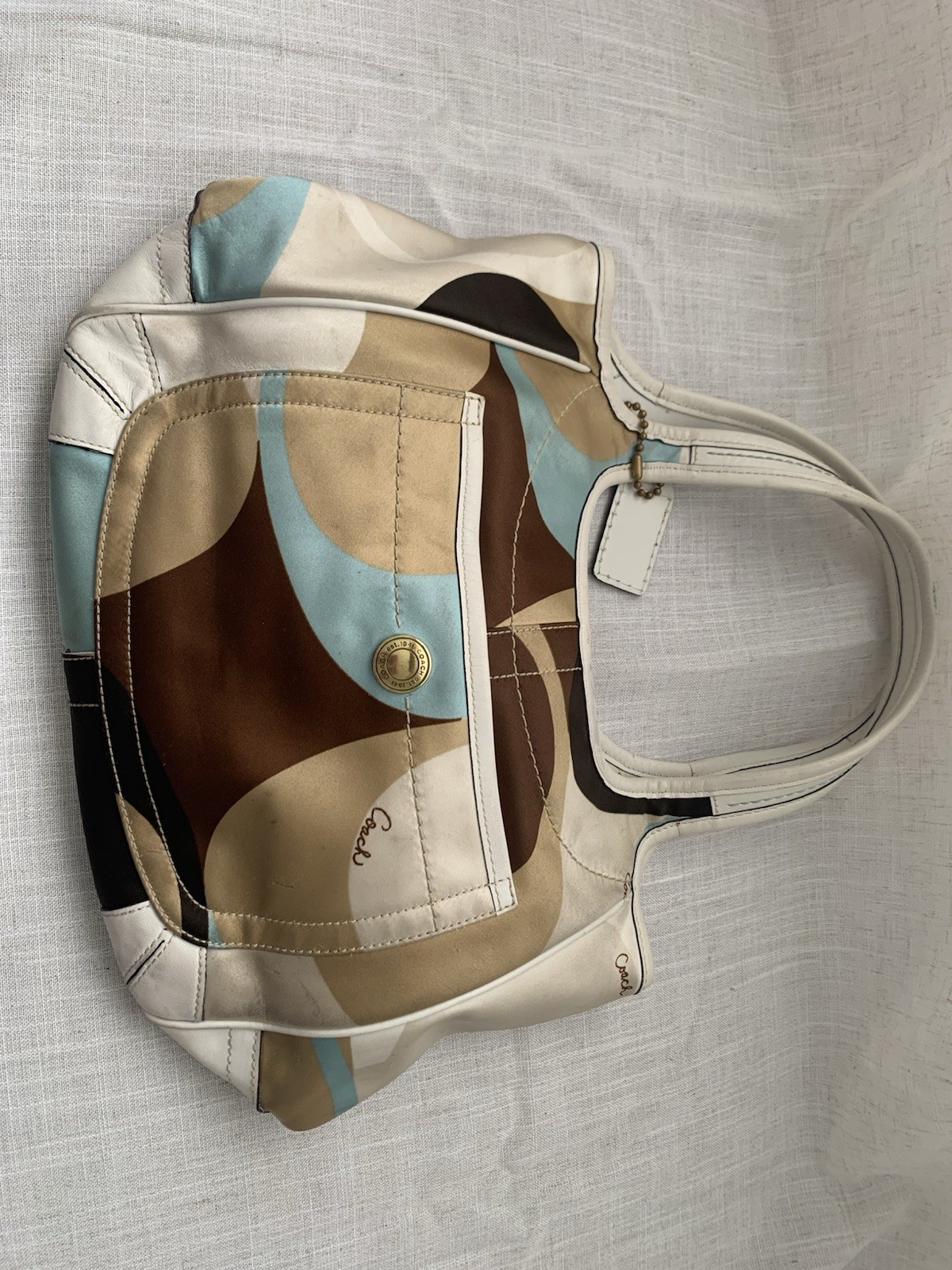 Coach Ergo 10783 Optic Scarf Print Satin Leather Tote Shoulder Bag Multicolor
