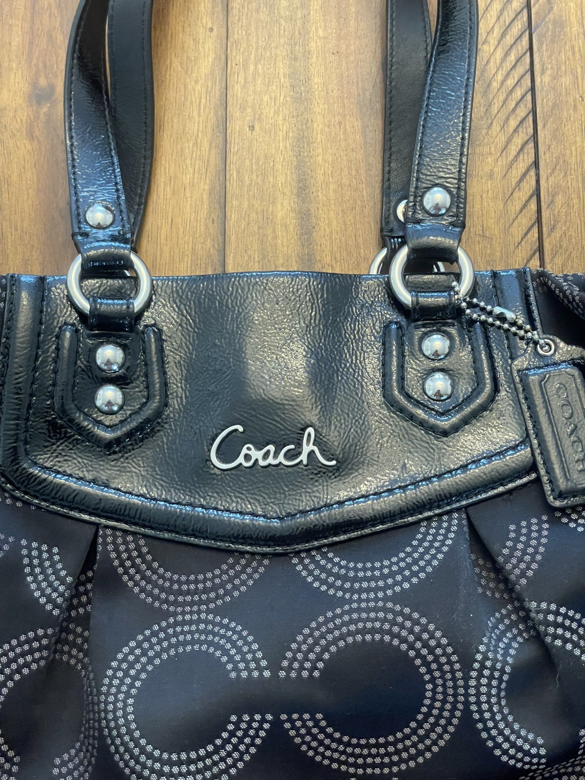Coach Ashley Dotted Op Art Carryall Shoulder Bag F20049 black excellent