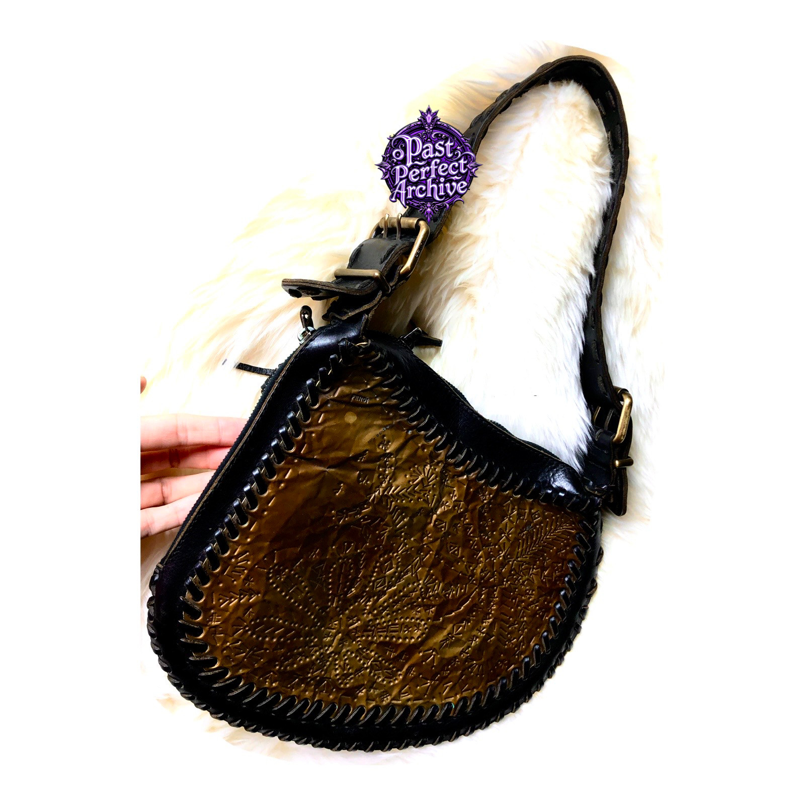 Fendi Vintage Oyster Leather Embossed Metal Runway Hobo Boho Shoulder Bag