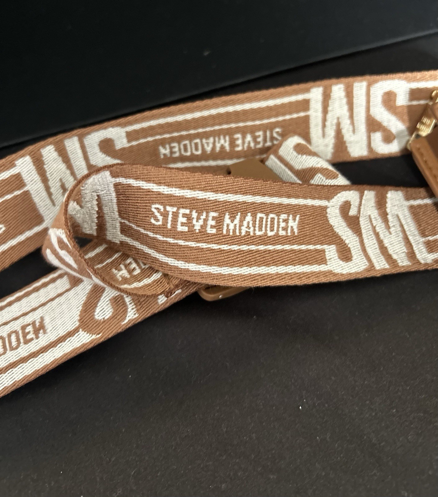 Steve Madden Bwebber Convertible Crossbody Clutch Bag Tan Canvas Logo Strap